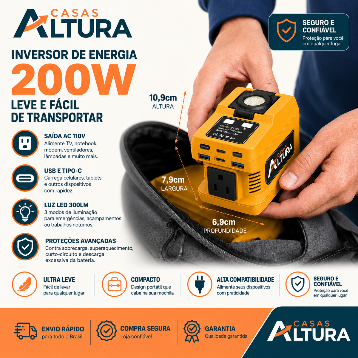 Inversor de Energia 200W para Eletrodomésticos – USB, Tipo-C e Luz LED
